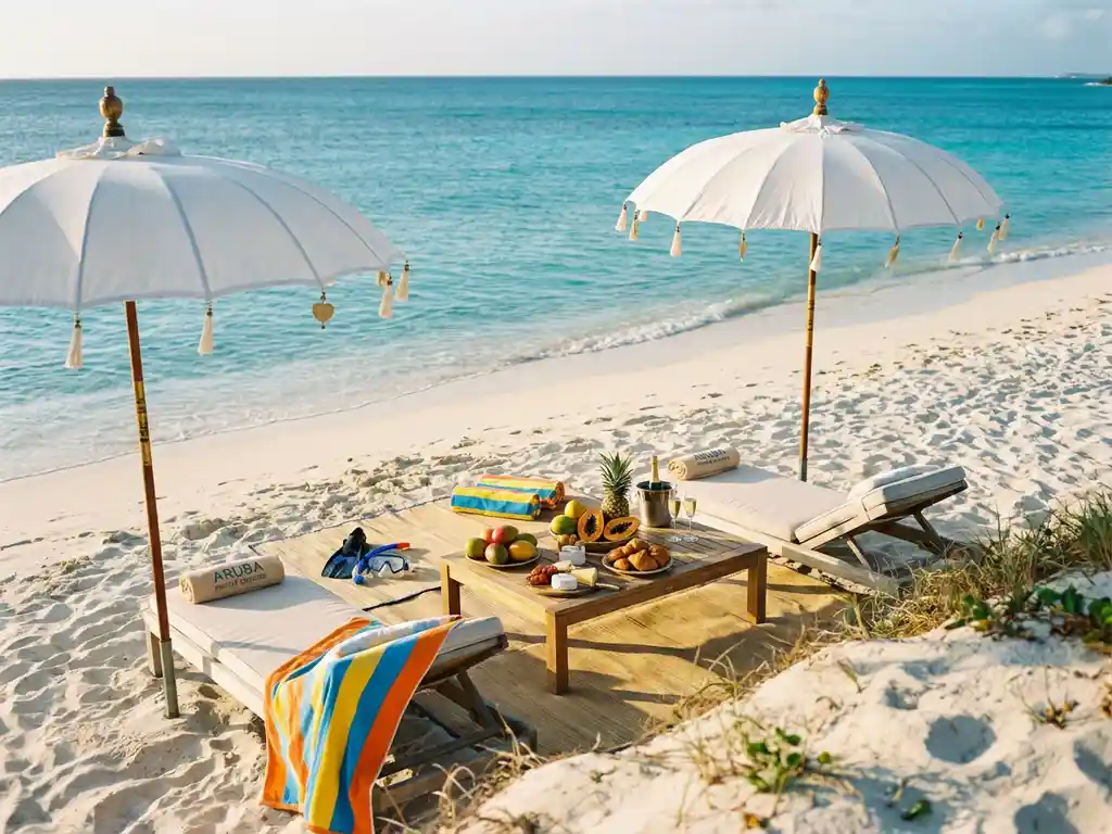 Luxury beach setup on pristine Aruba shore with white umbrellas, lounge chairs, gourmet picnic, and turquoise water at sunset