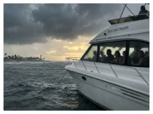 Luxury cruise boat in stormy waters off Aruba coast with disappointed passengers visible through windows under dark clouds