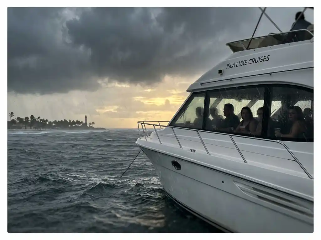 Luxury cruise boat in stormy waters off Aruba coast with disappointed passengers visible through windows under dark clouds
