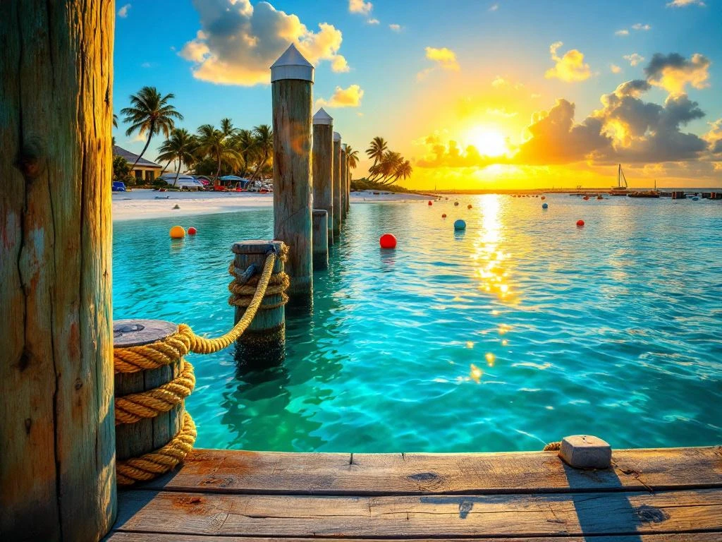 Caribbean marina at golden hour with wooden dock pilings, turquoise water, and Aruba's palm-lined coastline at sunset