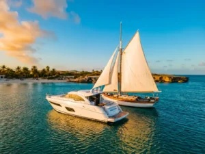 White motorboat and sailboat anchored in turquoise Caribbean waters off Aruba's coastline during golden hour