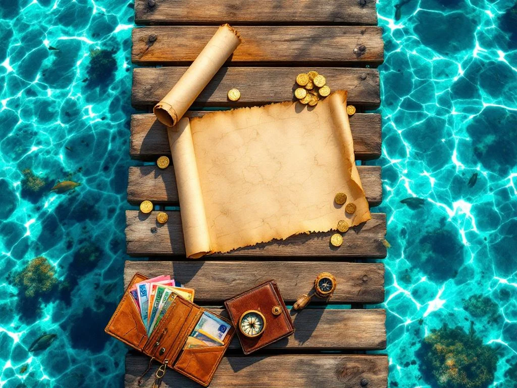 Wooden dock over turquoise Caribbean waters with treasure map, gold coins, compass, and wallet with currency notes