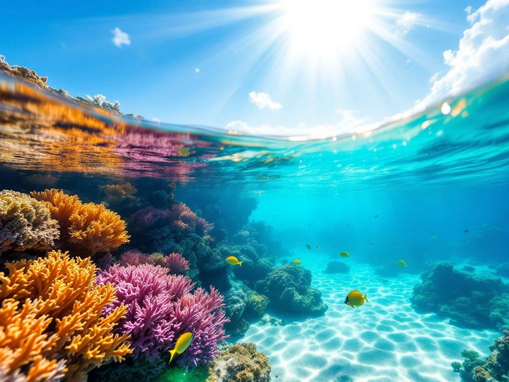 Underwater view of Aruba's coral reef with vibrant orange and purple corals, tropical fish, and crystal-clear turquoise water