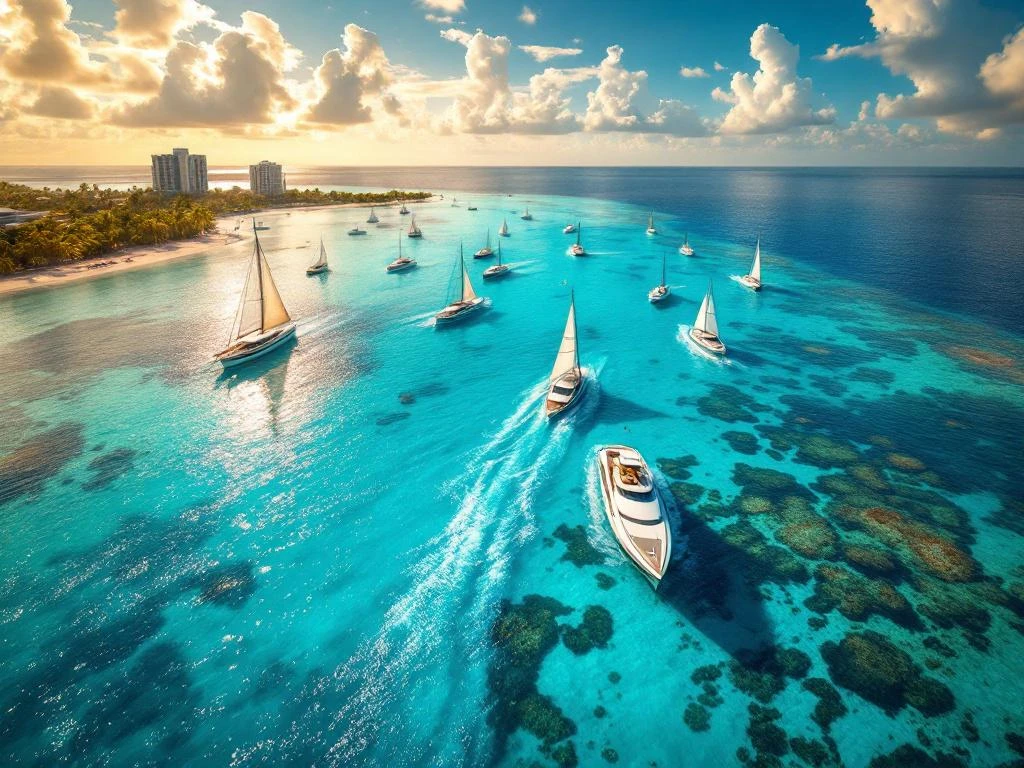 Aerial view of sailing boats in turquoise Caribbean waters off Aruba's palm-fringed coastline with visible coral reefs below