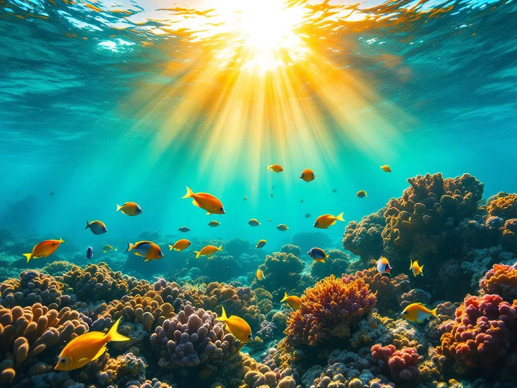 Colorful tropical fish swimming among coral reefs in Aruba's turquoise Caribbean waters with sunlight rays above