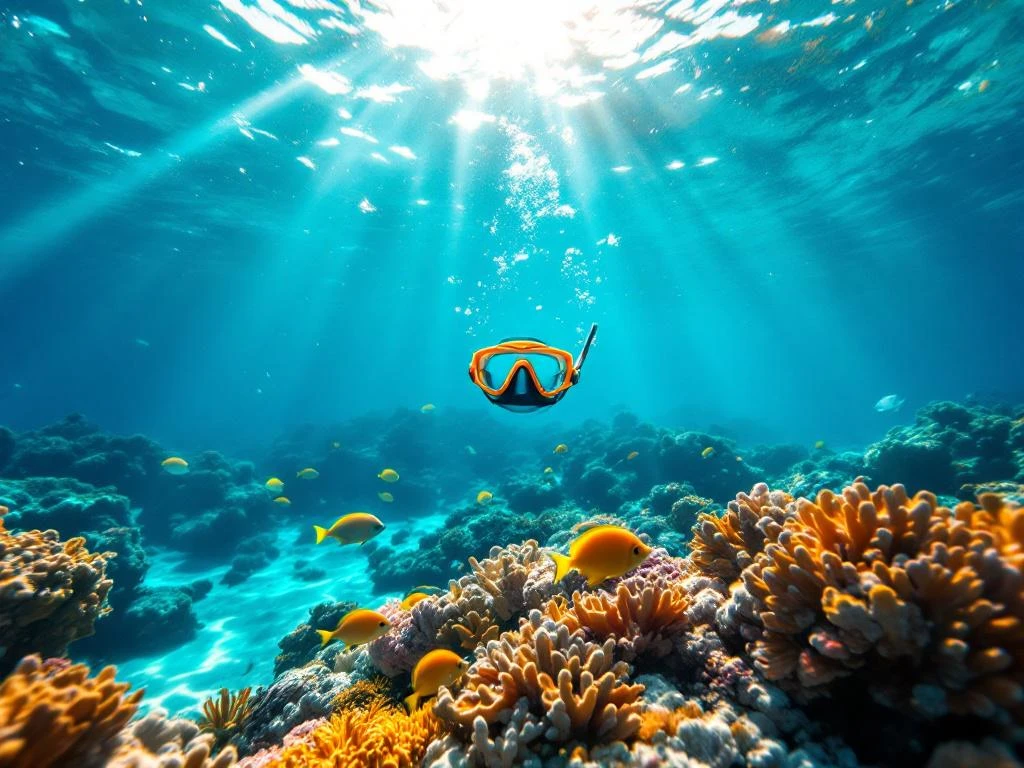 Child's snorkel gear floating above colorful coral reef in shallow turquoise Caribbean waters with tropical fish