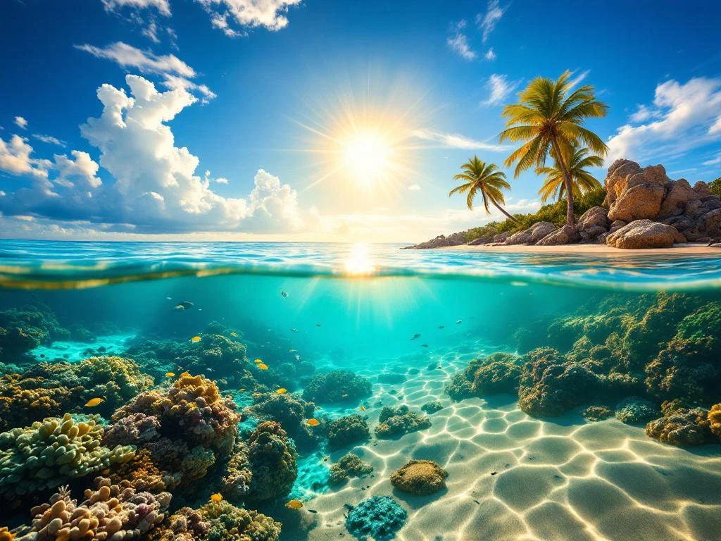 Split view of Aruba's underwater coral reef with tropical fish and above-water beach with palm trees and blue sky