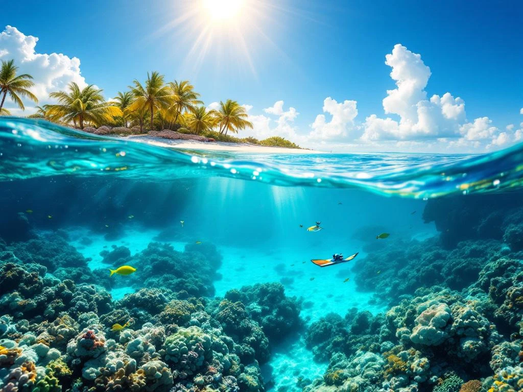 Snorkeling gear floating in crystal-clear turquoise Caribbean waters with coral reefs, tropical fish, and Aruba's white sand beach