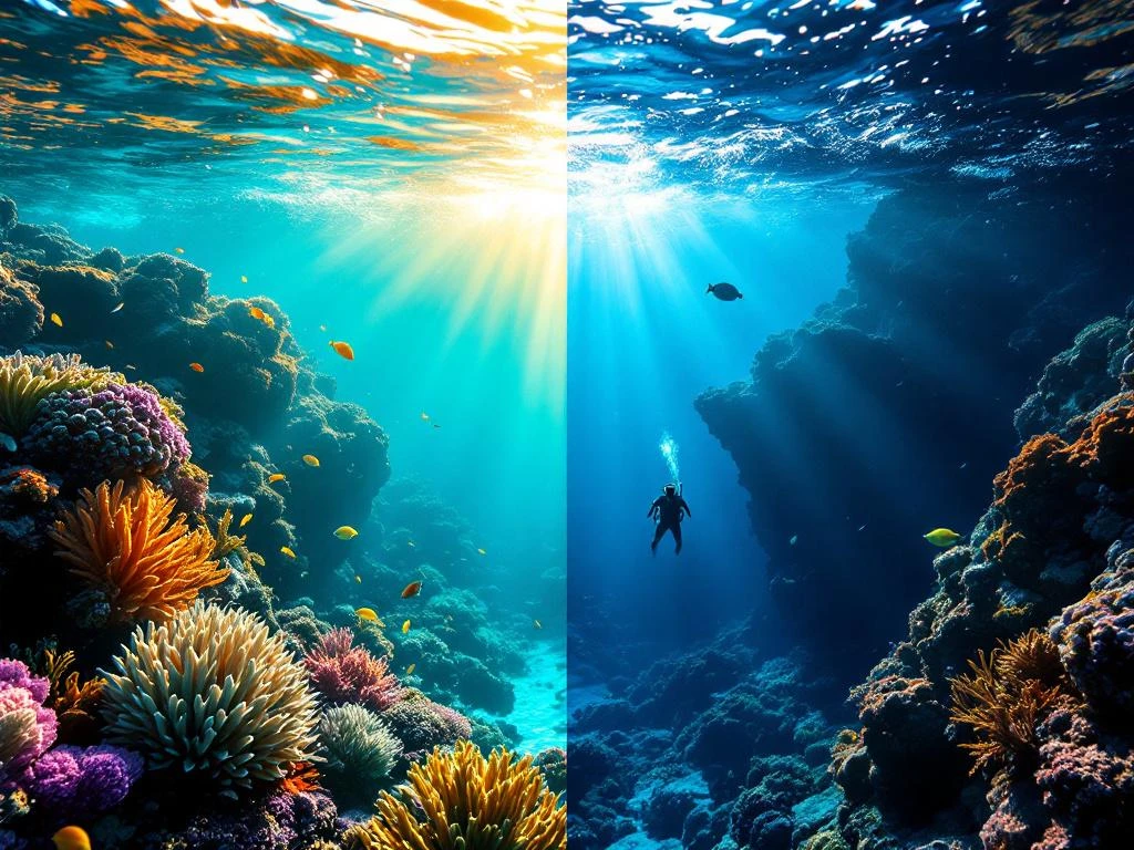 Split-screen underwater view comparing shallow vibrant coral reef with sunlight to deeper dimmer reef with diver in Aruba