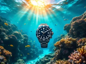 Waterproof diving watch floating above vibrant coral reef with tropical fish in crystal-clear Caribbean waters near Aruba