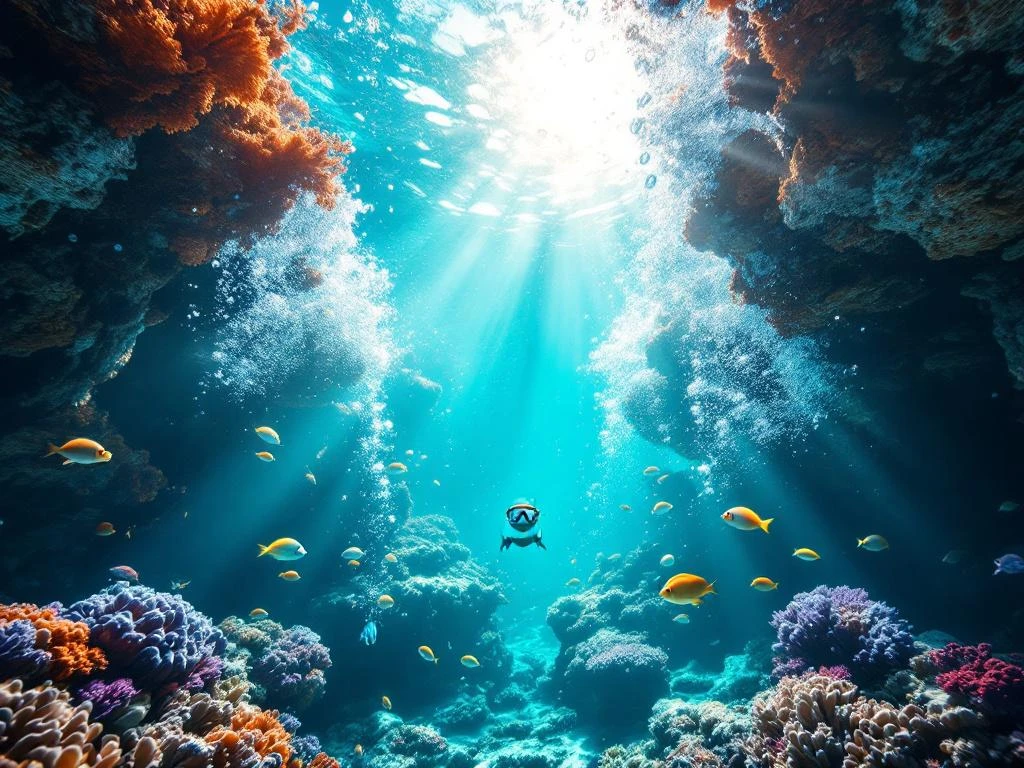 Aruba coral reef with gentle current, colorful fish, and snorkeling gear in clear turquoise Caribbean water with sunlight rays
