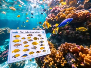 Snorkeler's view of tropical reef fish including yellow tangs and parrotfish swimming near coral with identification card underwater