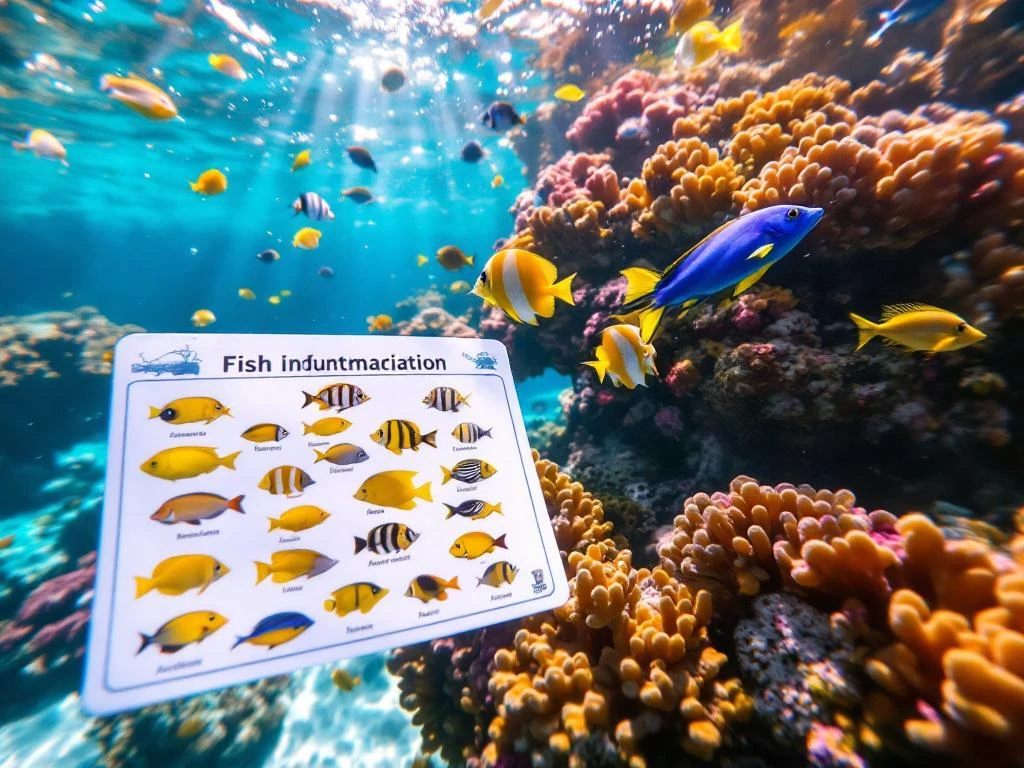 Snorkeler's view of tropical reef fish including yellow tangs and parrotfish swimming near coral with identification card underwater