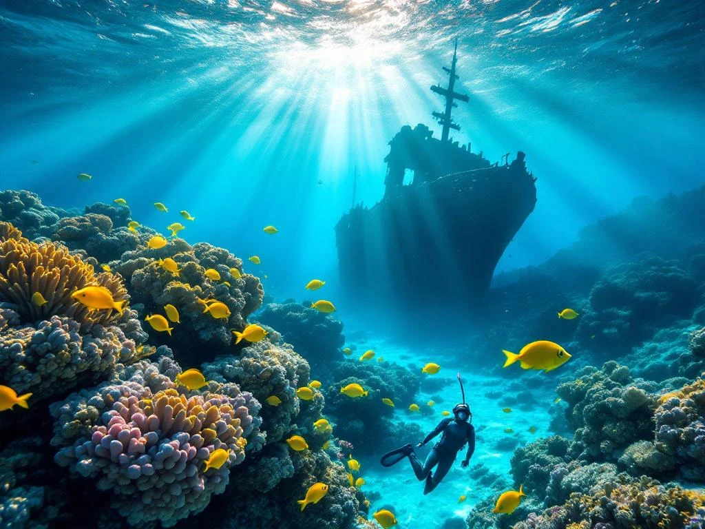 Vibrant coral reef with tropical fish and snorkeling gear in Aruba's clear Caribbean waters near Antilla shipwreck