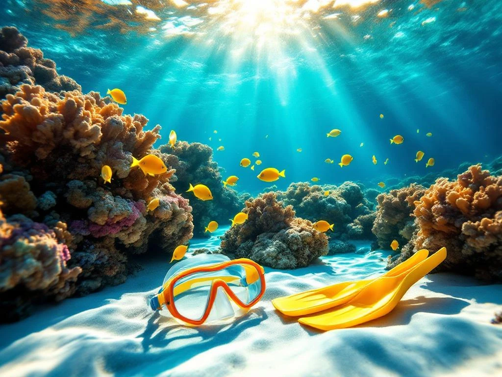 Vibrant coral reef with tropical fish in Aruba's turquoise waters, child's snorkel gear on white sand in foreground