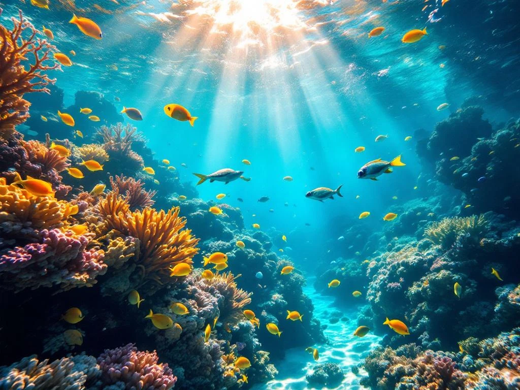 Vibrant coral reef with tropical fish, sea turtle, and snorkel gear in crystal-clear Caribbean waters with sunlight rays