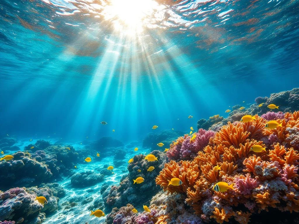 Vibrant coral reef with tropical fish in shallow turquoise Caribbean waters, sunbeams filtering through surface in Aruba