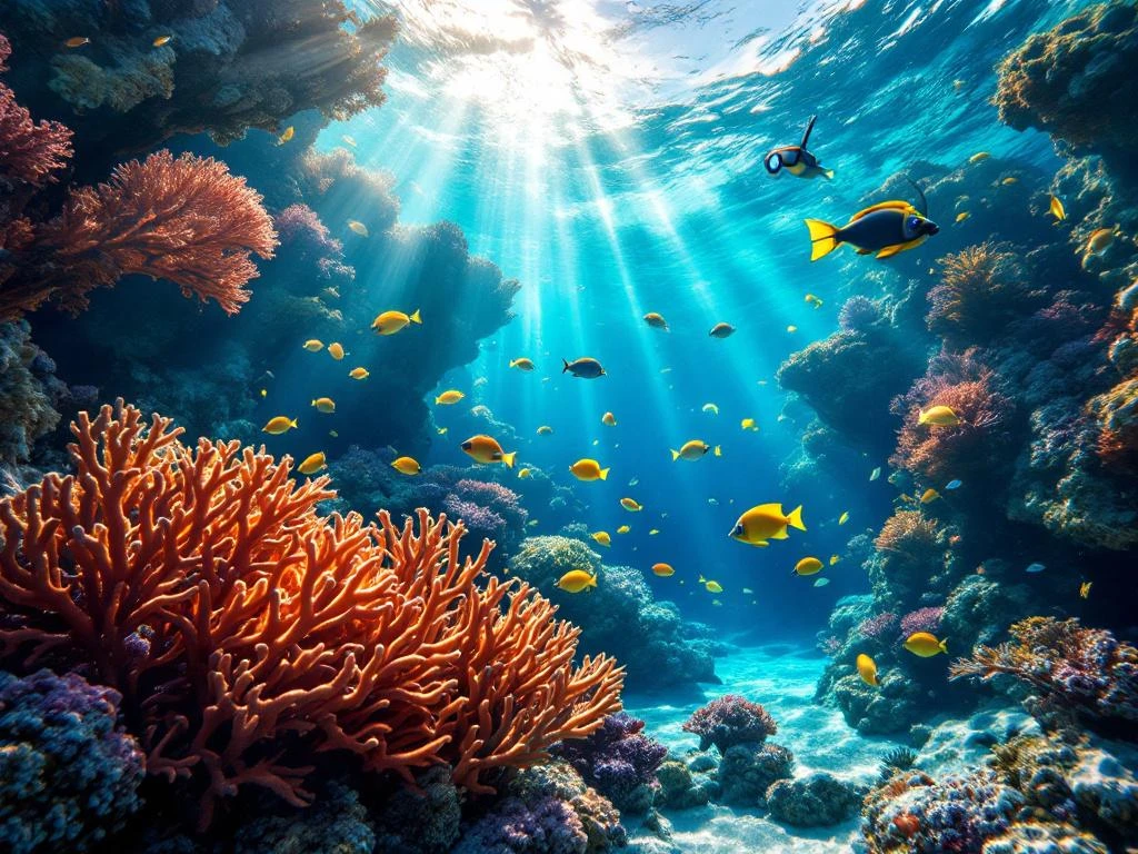 Vibrant Caribbean coral reef in Aruba with tropical fish, sunbeams, and snorkeling gear in crystal-clear turquoise water