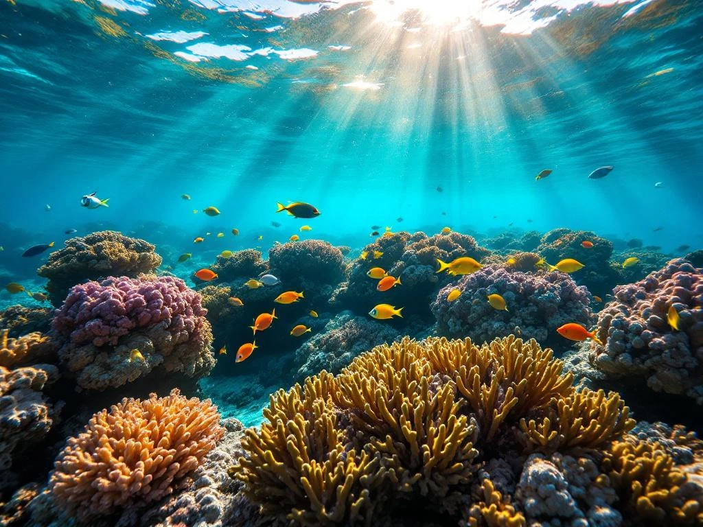 Vibrant coral reef with tropical fish in turquoise Caribbean waters near Aruba, snorkel gear floating in foreground