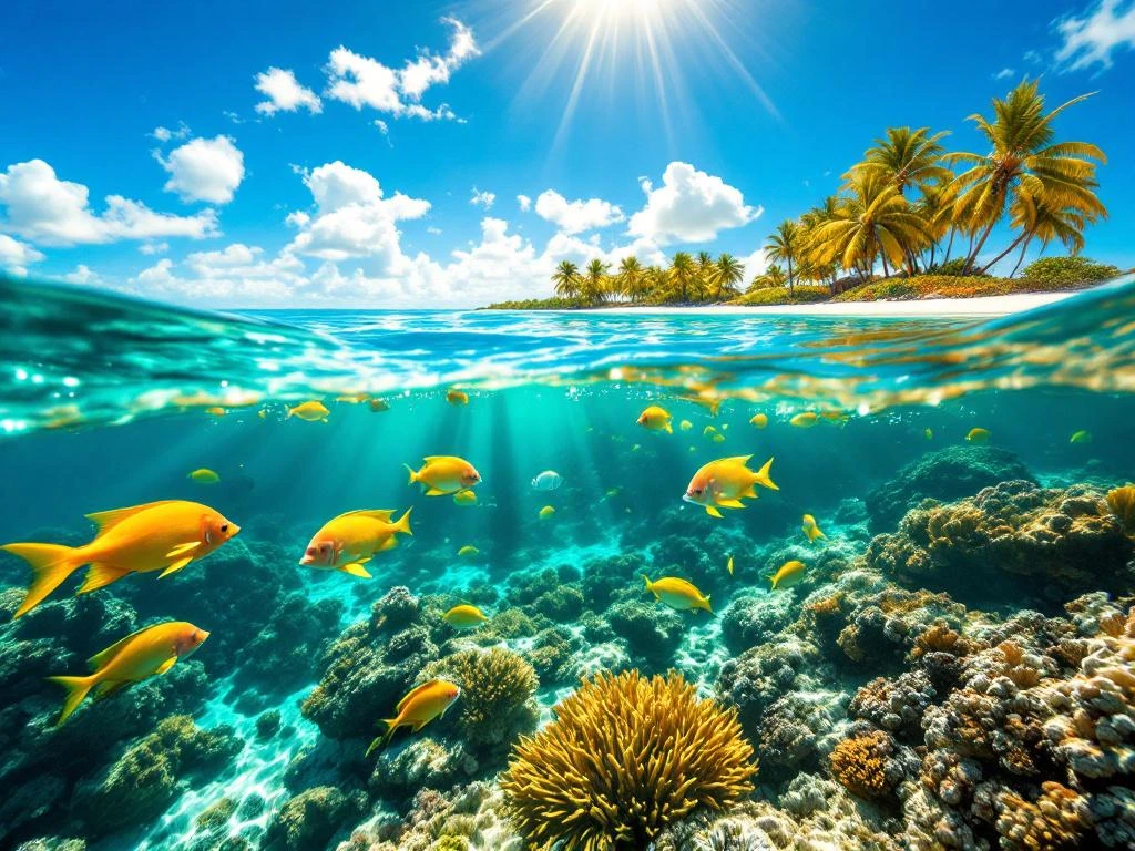 Turquoise Caribbean waters with coral reefs, tropical fish, and snorkeling gear with Aruba's white sand beach and palm trees