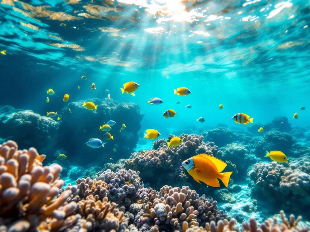 Underwater view of Aruba's coral reef with tropical fish, sea turtles, and crystal-clear Caribbean waters for snorkeling