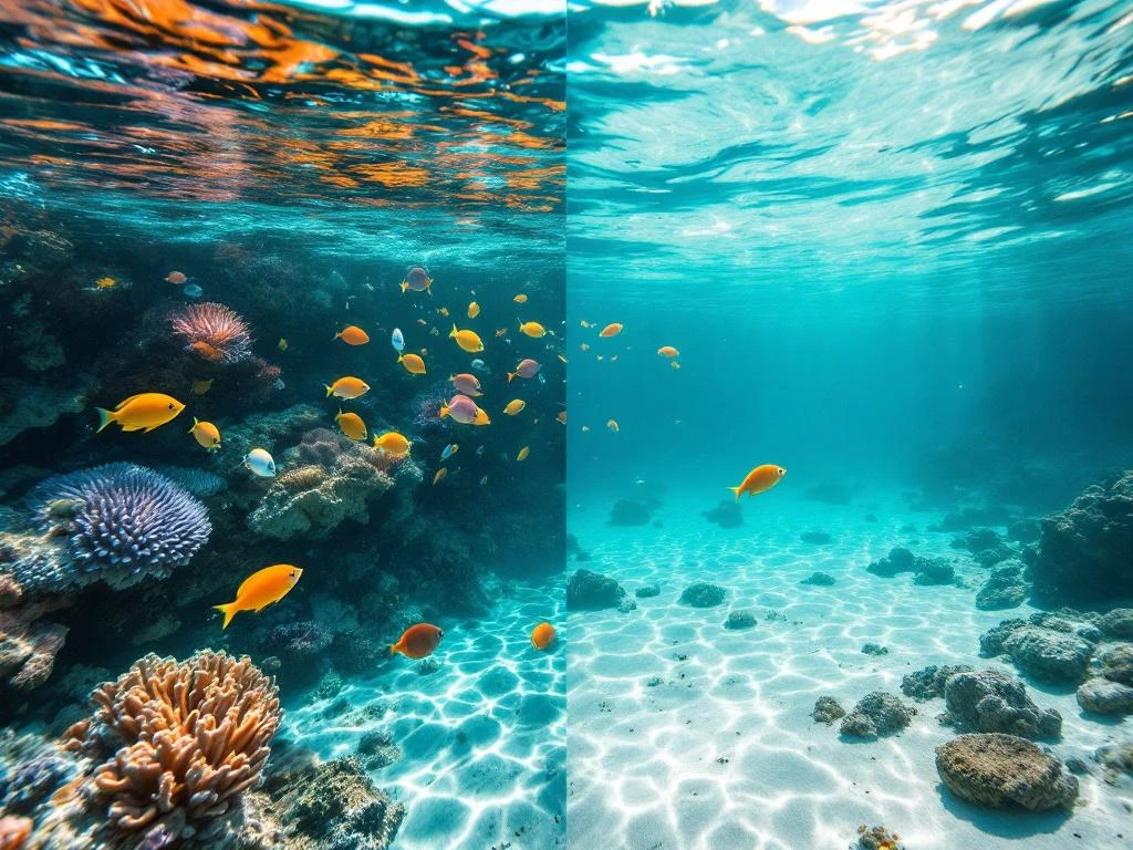 Split-screen underwater view of Aruba snorkeling: vibrant coral reef with tropical fish on left, tranquil sandy seabed on right.