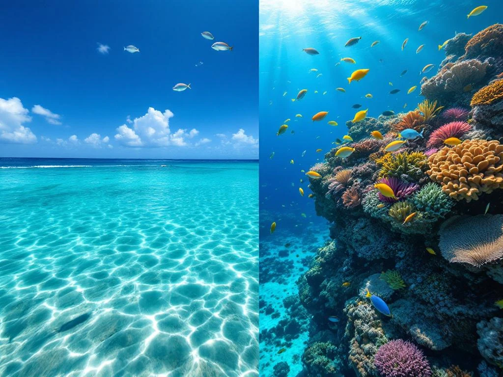 Split-screen underwater view of Aruba snorkeling: shallow sandy beach waters on left, vibrant coral reef with tropical fish on right