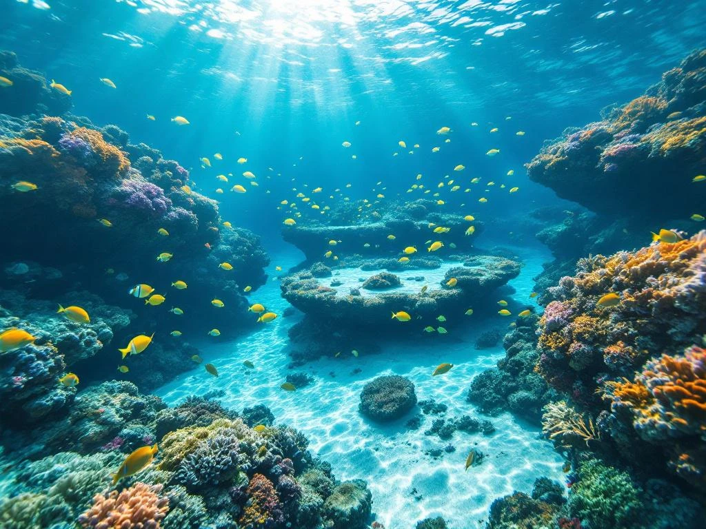 Vibrant coral reefs with tropical fish swimming in crystal-clear Caribbean waters, showing multiple snorkeling spots in Aruba