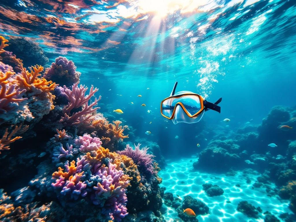 Professional snorkeling gear floating above vibrant coral reef in crystal-clear Aruban Caribbean waters with tropical fish