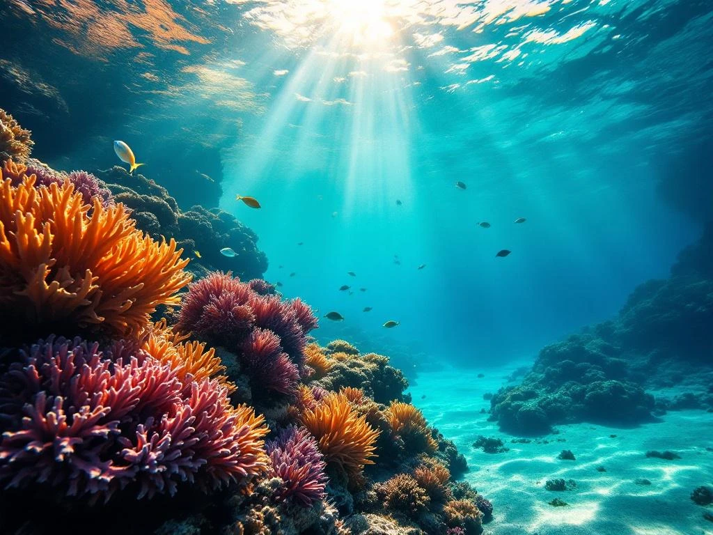 Colorful coral reef in shallow turquoise Caribbean water with tropical fish and sunlight rays penetrating the surface