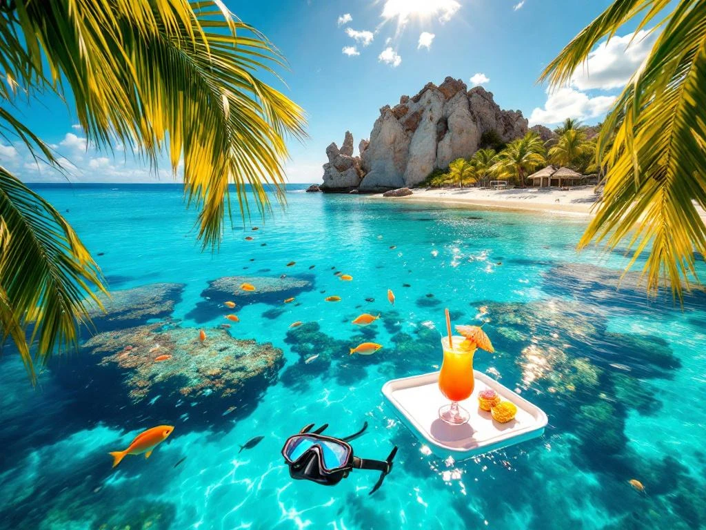 Aerial view of turquoise Caribbean waters around Aruba with coral reefs, snorkeling gear, tropical cocktail, and white beaches