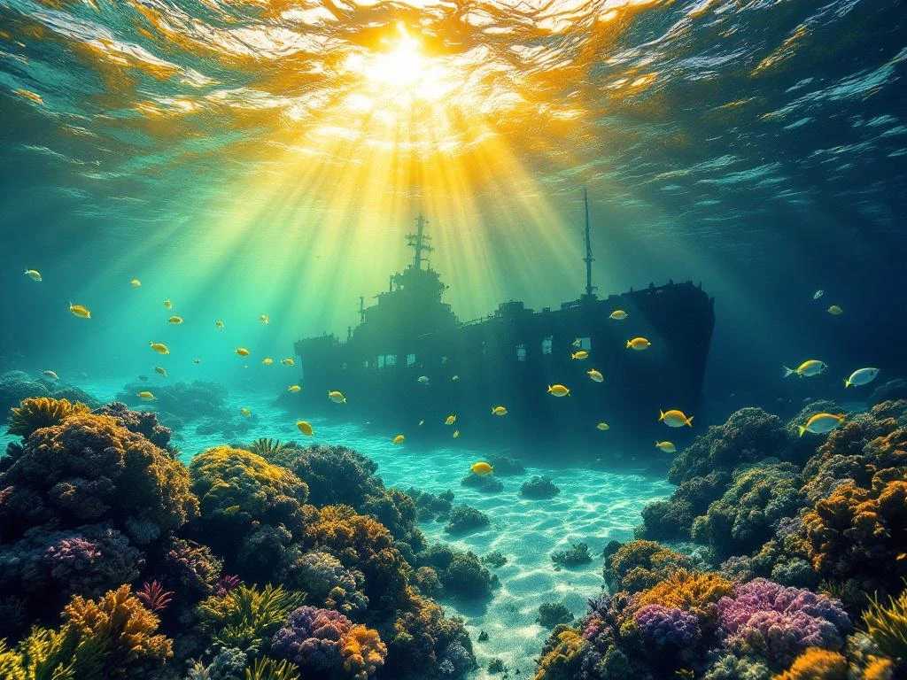 Underwater view of Aruba snorkeling sites: coral reefs with tropical fish, WWII shipwreck, and turquoise Caribbean waters