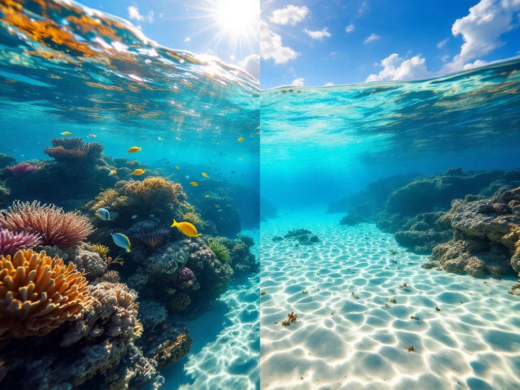 Split-screen underwater view of Aruba snorkeling: vibrant coral reef with tropical fish on left, sandy ocean floor on right