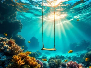 Underwater view of Aruba's turquoise Caribbean waters with tropical fish, coral, sunlight rays, and SS Antilla shipwreck