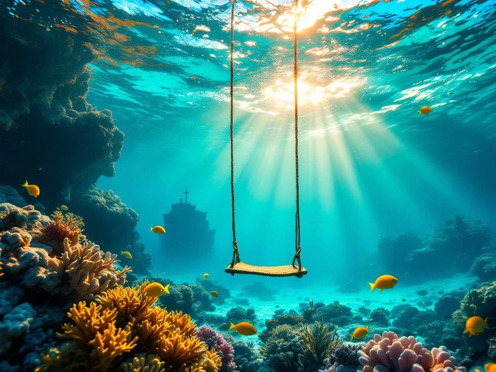 Underwater view of Aruba's turquoise Caribbean waters with tropical fish, coral, sunlight rays, and SS Antilla shipwreck