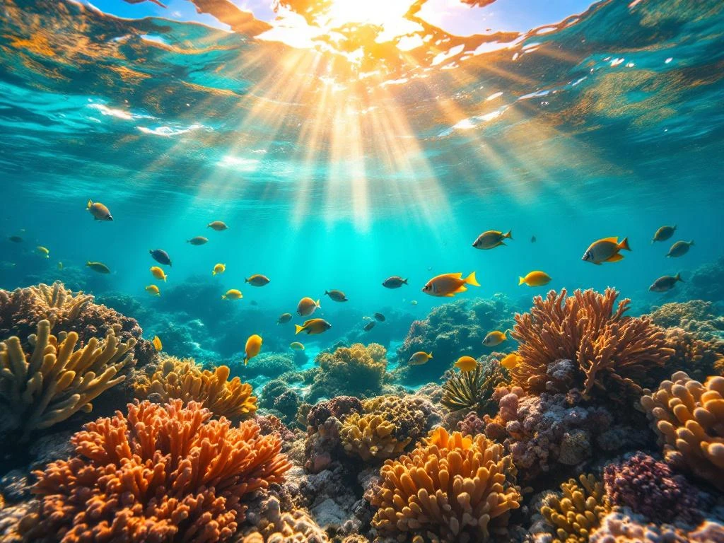 Underwater view of turquoise Caribbean waters with coral reefs, tropical fish, sea turtles, and snorkeling gear in Aruba