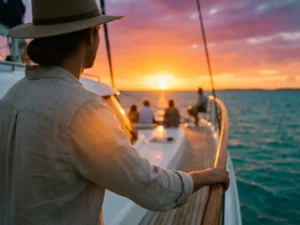 Person on luxury catamaran bow watching vibrant orange and magenta Aruba sunset over turquoise Caribbean waters