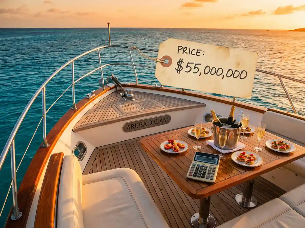 Luxury sunset cruise boat in turquoise Aruban waters with price tag, champagne glasses, and calculator showing high costs