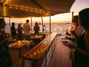 Passengers enjoying tropical cocktails and appetizers on luxury sunset cruise boat deck in Aruba with golden sky reflection