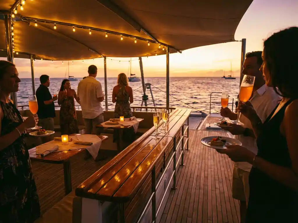 Passengers enjoying tropical cocktails and appetizers on luxury sunset cruise boat deck in Aruba with golden sky reflection