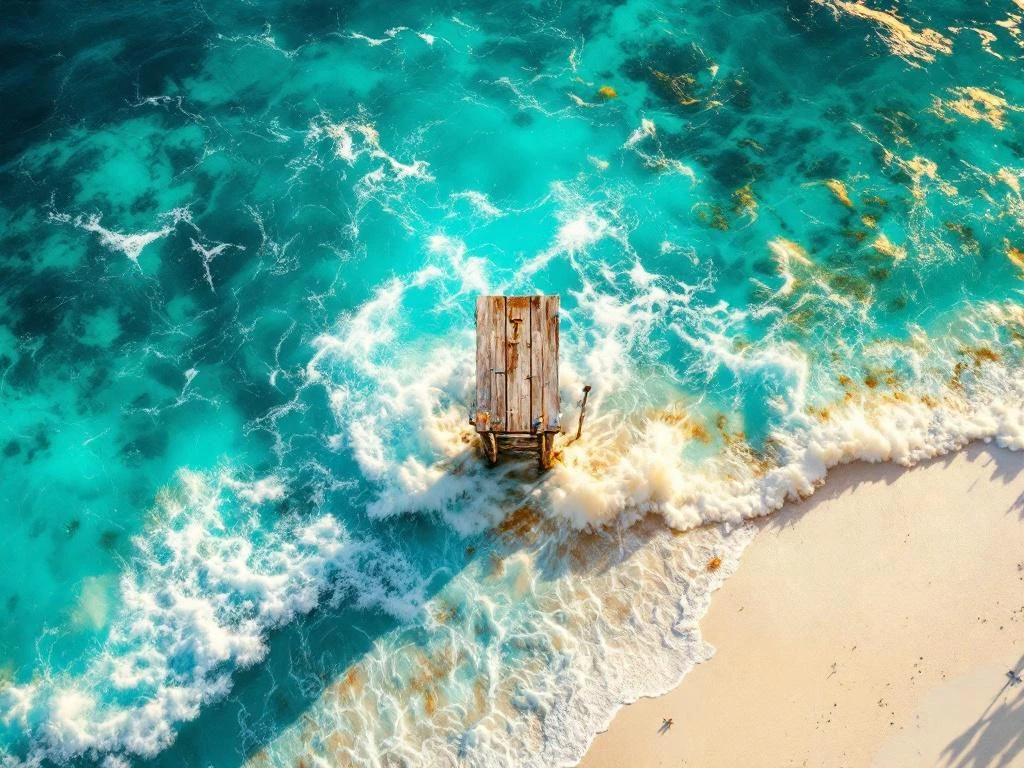 Aerial view of turbulent Caribbean waters meeting calm turquoise shallows with visible coral reefs along Aruba's coastline