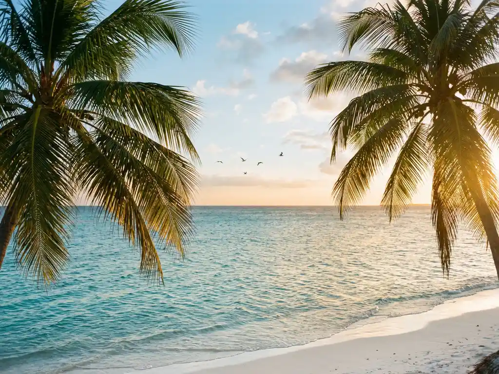 Crystal clear turquoise waters and white sand beach in Aruba with palm trees and golden hour sunlight reflections
