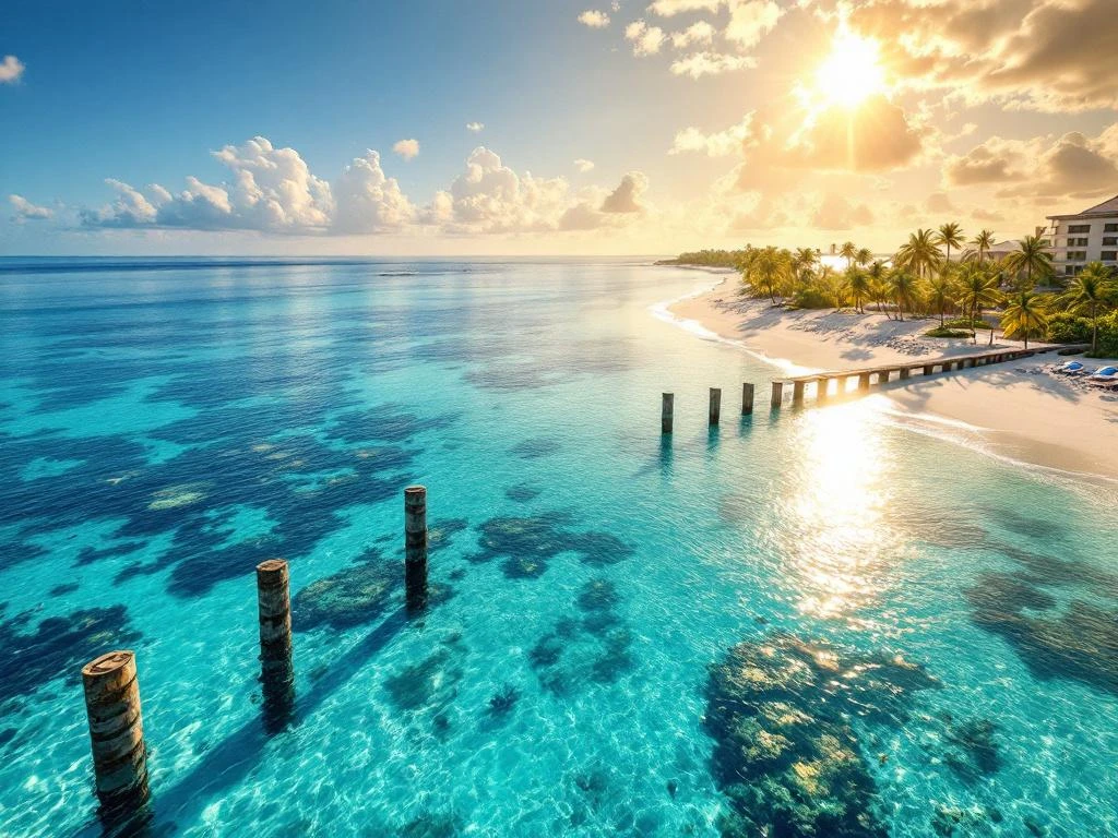 Aerial view of turquoise Caribbean waters and coral reefs near Aruba's white sand beaches with wooden dock pilings