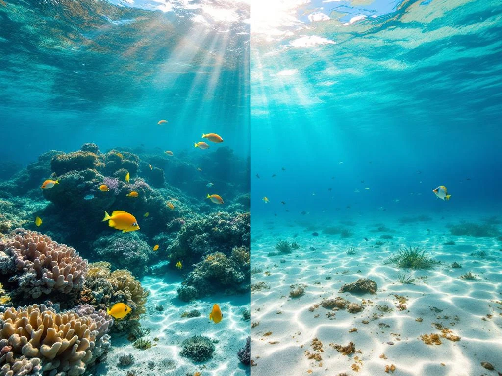 Split-screen underwater view of Aruba's coral reef with tropical fish on left and sandy ocean floor with sea grass on right.