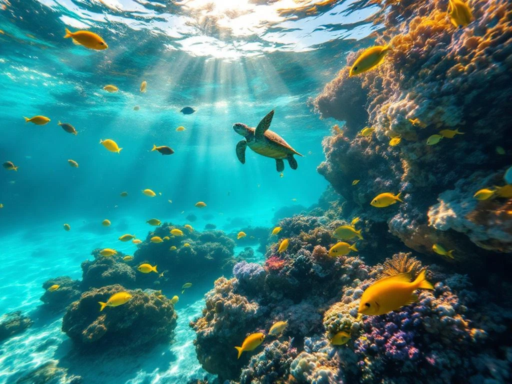 Sea turtle swimming through vibrant coral reef with tropical fish in crystal-clear turquoise Caribbean waters off Aruba