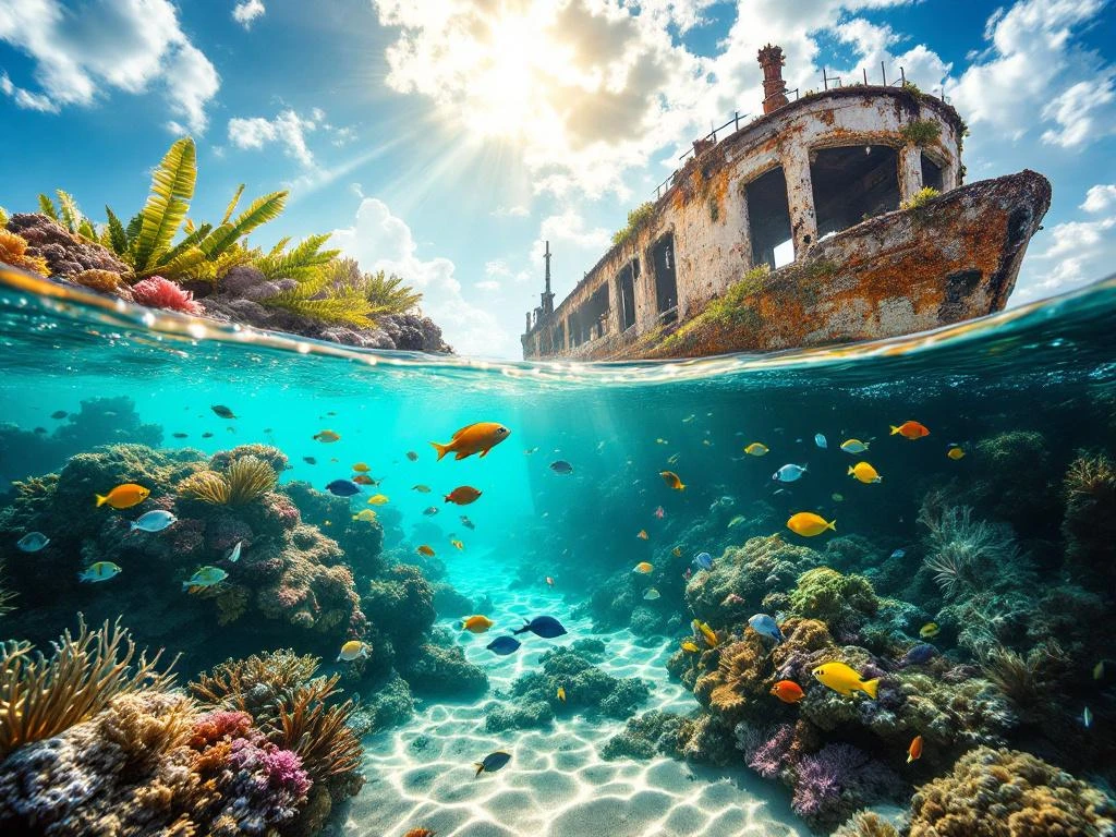 Underwater split view of vibrant coral reef and shipwreck in turquoise Caribbean waters with tropical fish and sunbeams