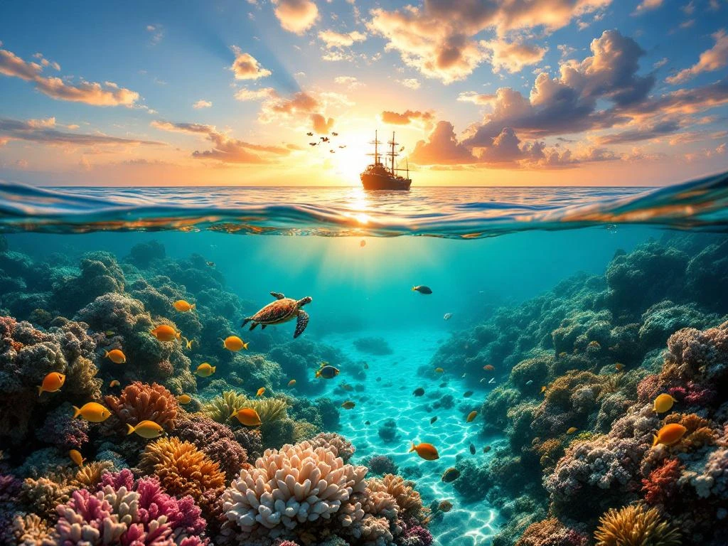 Underwater split view of Aruba's coral reef with tropical fish, sea turtle, and SS Antilla shipwreck at sunset