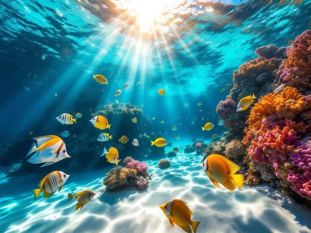 Vibrant coral reef in Aruba with colorful tropical fish, parrotfish and angelfish swimming in crystal-clear Caribbean waters