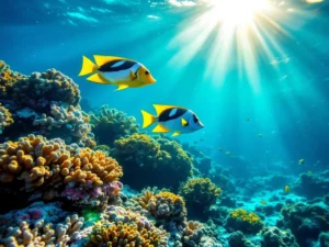 Underwater split-shot of Caribbean coral reef in Aruba with tropical fish, turquoise water, and sunbeams illuminating corals