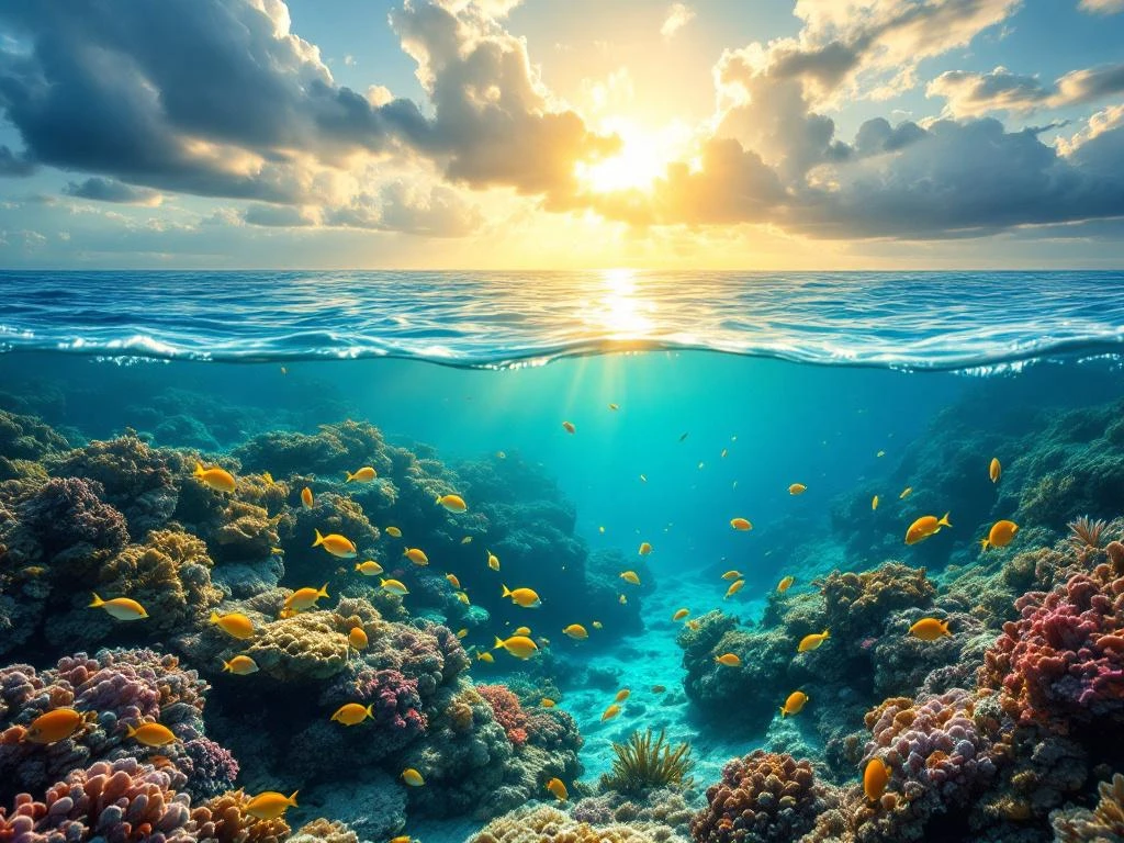 Split-level view of Aruba's coral reef with tropical fish underwater and storm clouds gathering above turquoise Caribbean waters